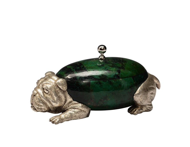 Silver plated Bulldog trinket box with green tiger penshell and nickel plated handle