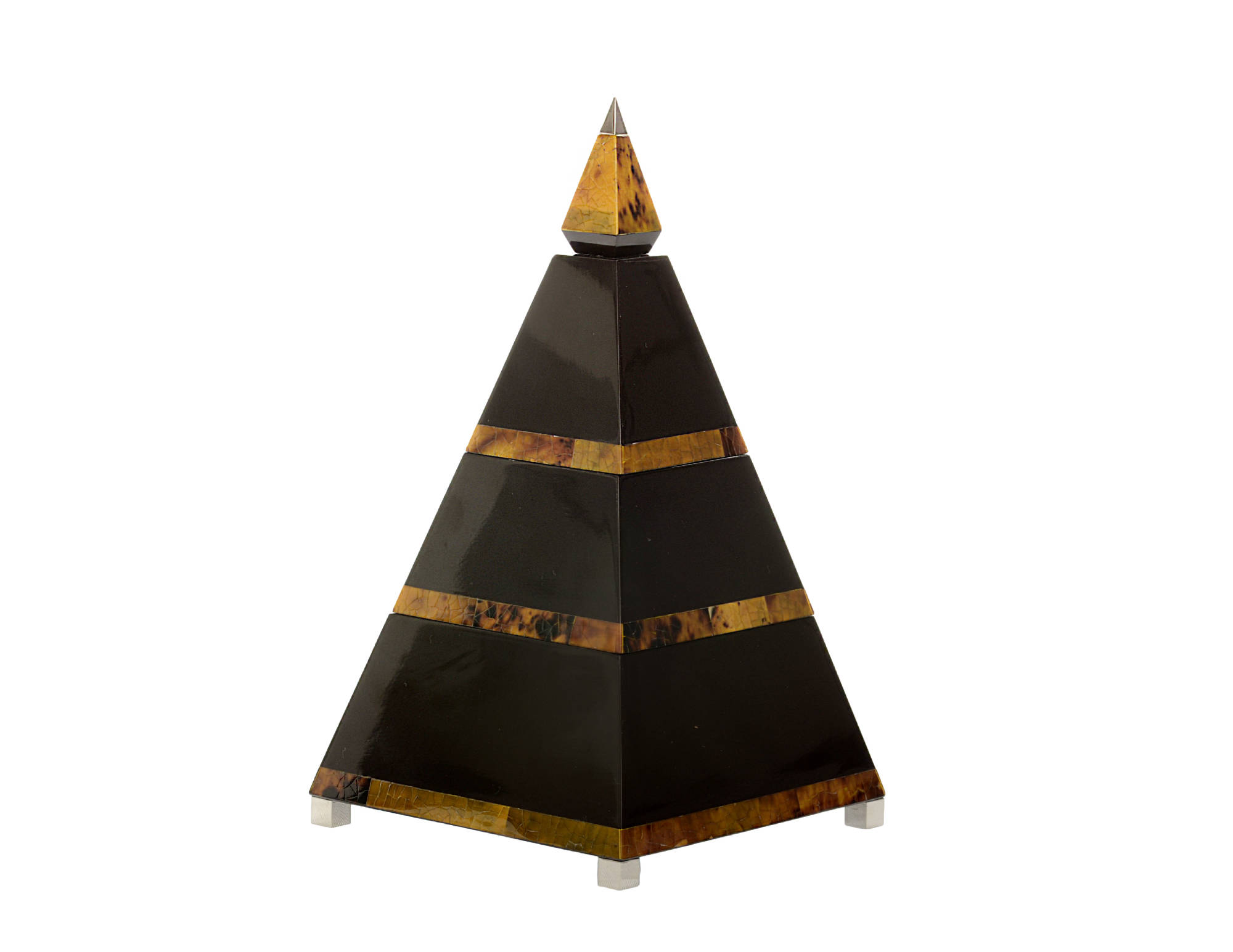 Pyramid box yellow tiger penshell trim & brown resin body with nickel plated handle and feet