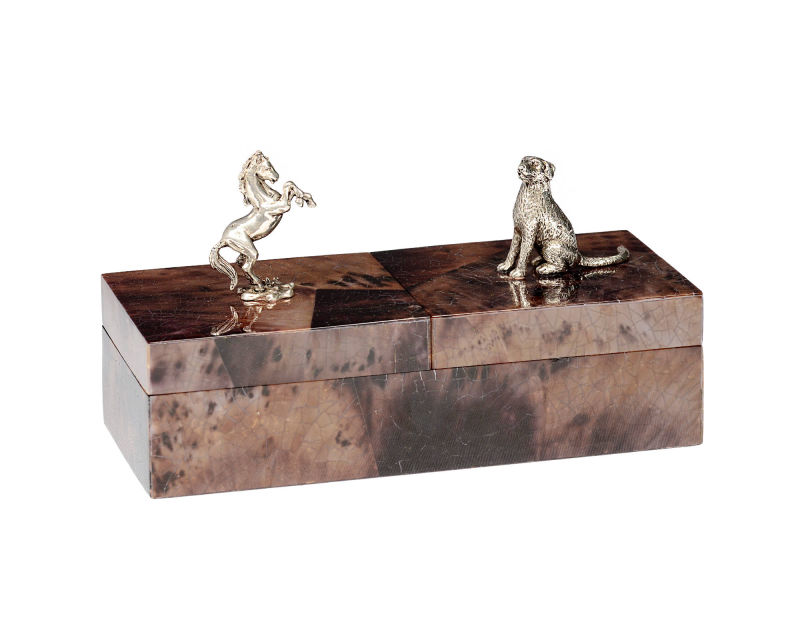 Violet tiger penshell pen box with silver plated dog & horse handle