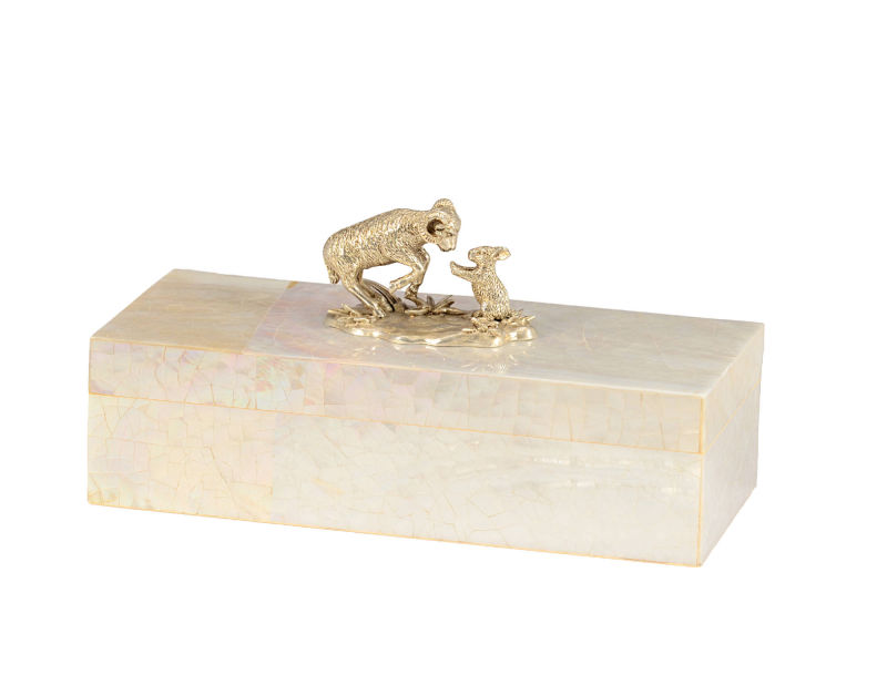 Kabibi shell pen box with silver plated sheep & rabbit handle