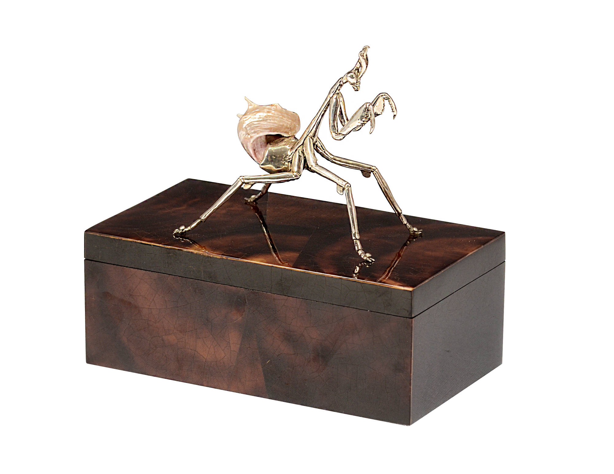 Rect. box brown penshell with silver plated Praying Mantis in Delphinula shell body