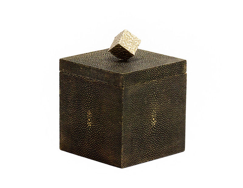 Large sq. nested box black faux shagreen with etched cube handle