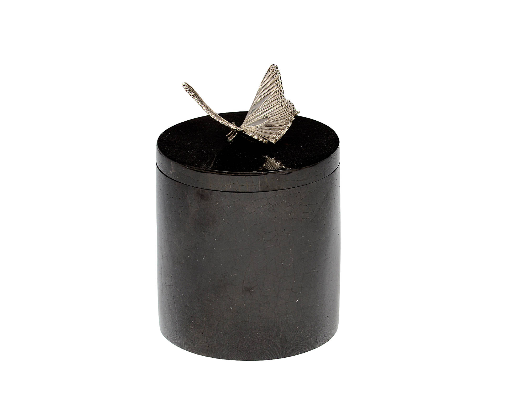 Round box black pen shell with silver plated butterfly handle