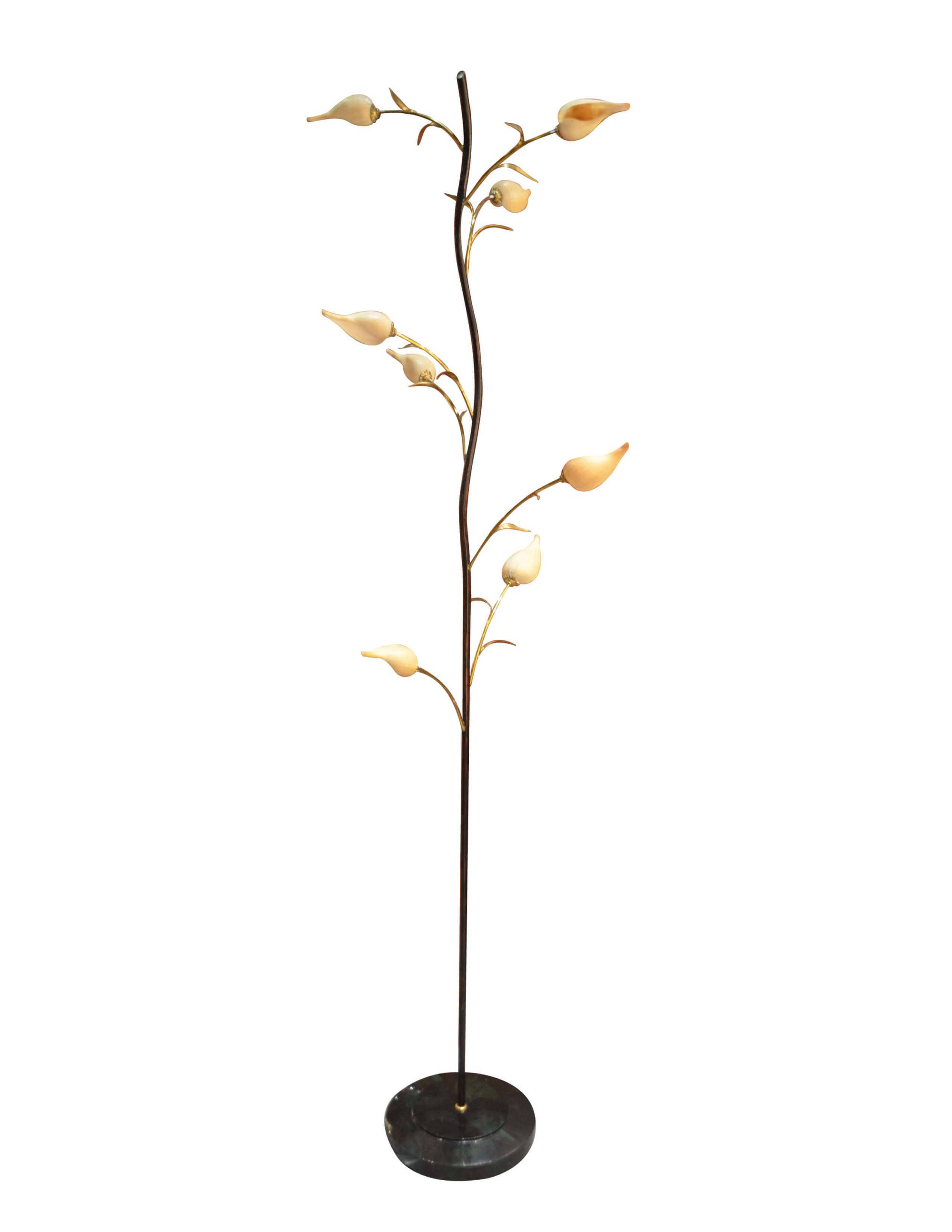 Floor Lamp - Metal Finish Post with Ficus Shell Flowers on Crack Green Pen Shell Base