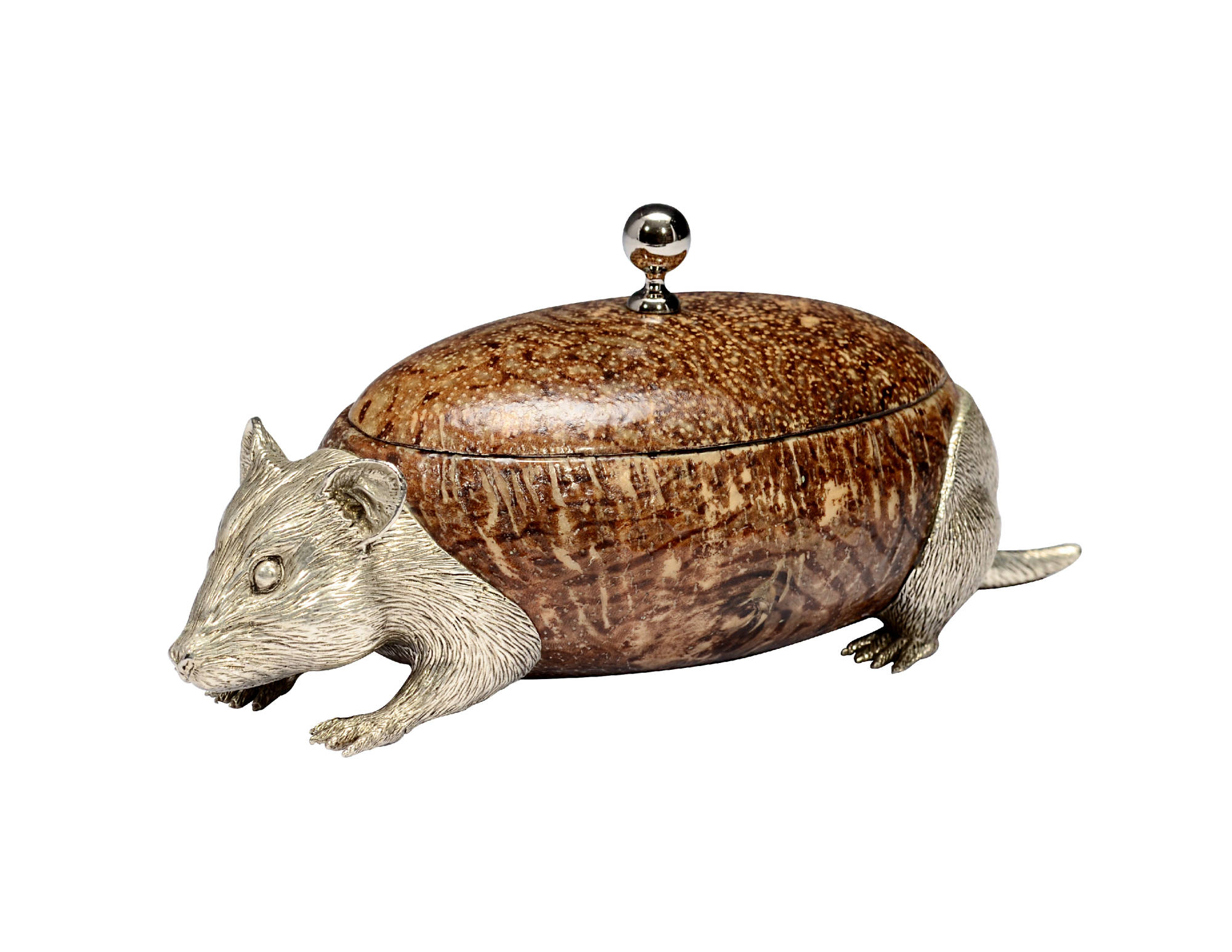 Silver plated Hamster trinket box in  puffer fish skin with silver plated ball handle