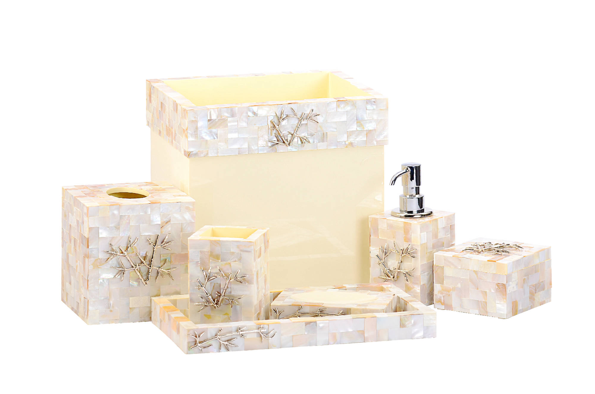 Rough kabibi shell bath set with silver plated bamboo tree accent