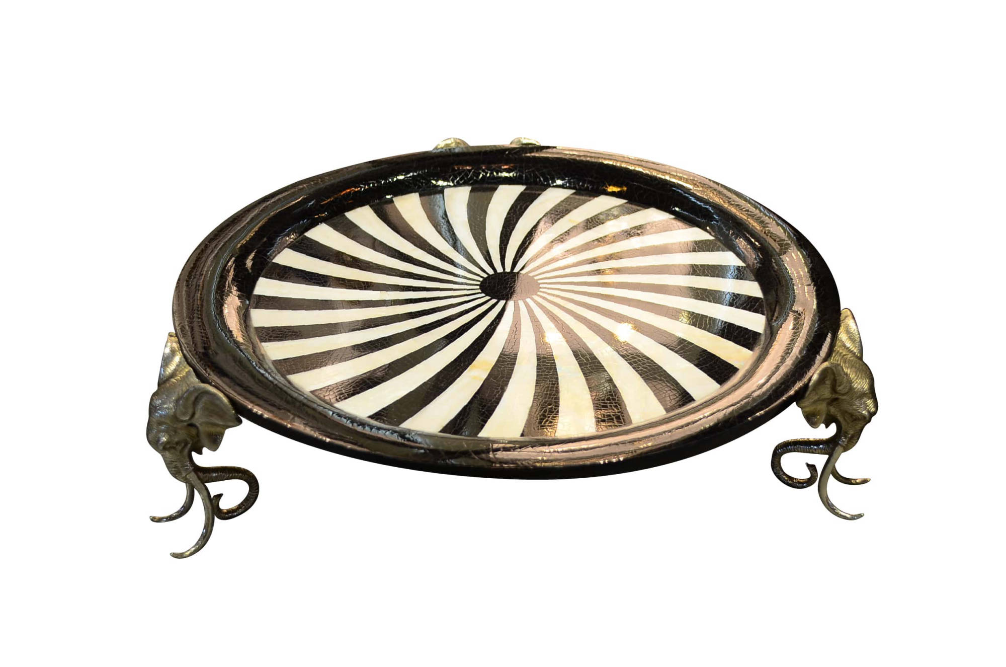 Round Tray - Stripe Crack Kabibi & Black Pen Shell with 3 Silver Plated Elephant head Stand