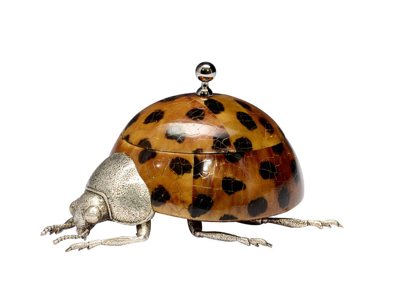 Lady bug trinket box in yellow tiger pen shell leopard print with nickel plated ball handle