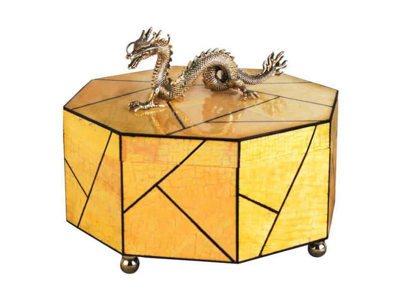 Octagonal Box - Crack Melo Shell with Resin grout, Silver Plated Dragon Handle & Nickel Plated Ball Feet