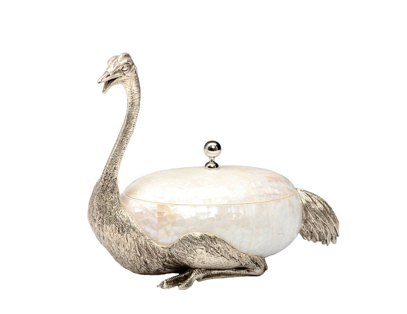 Silver plated Ostrich trinket box in kabibi shell with silver plated ball handle