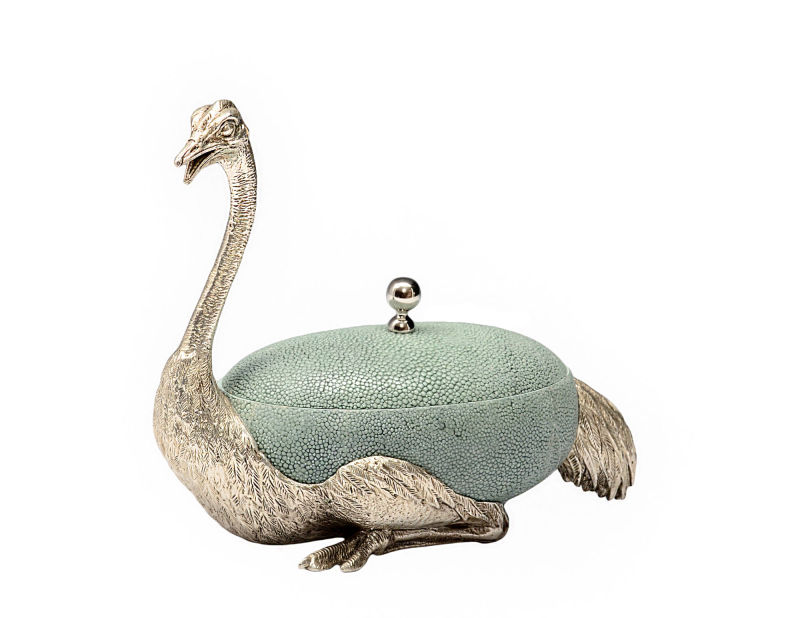 Silver plated Ostrich trinket box in faux shagreen with silver plated ball handle