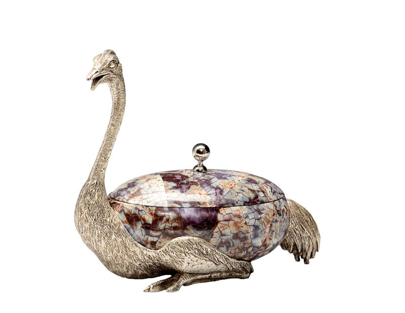 Silver plated Ostrich trinket box in tiger cowrie shell with silver plated ball handle