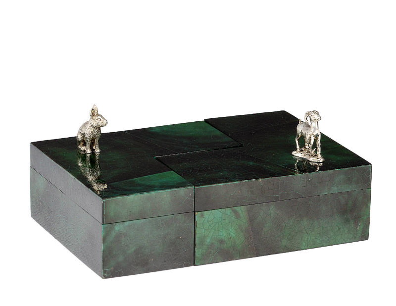 L box in green penshell with silver plated sheep and rabbit handle