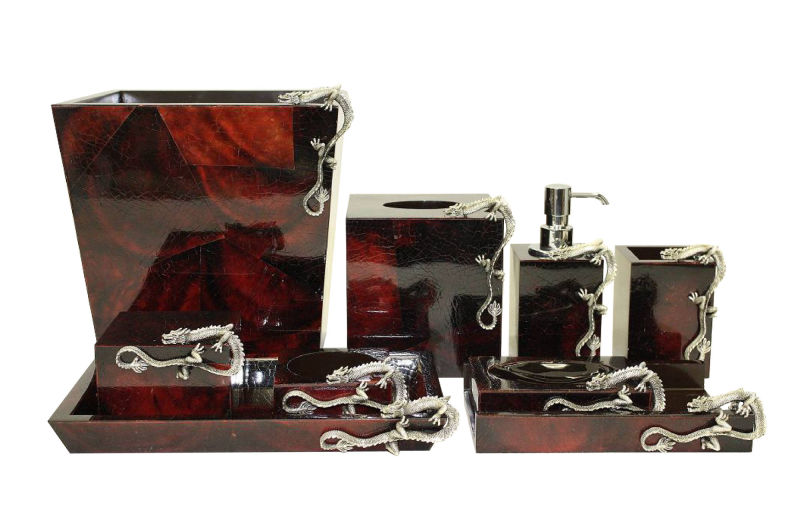 Red penshell bath set with silver plated dragon accent