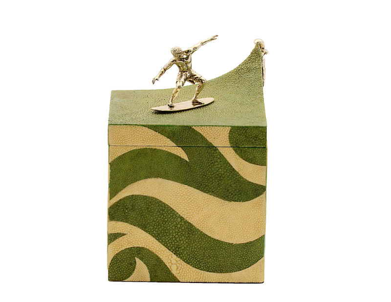 Light green and biege shagreen surfing box with silver plated surfing man accent