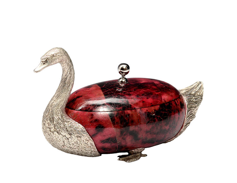 Silver plated Swan in red tiger penshell inlay with silver plated ball handle