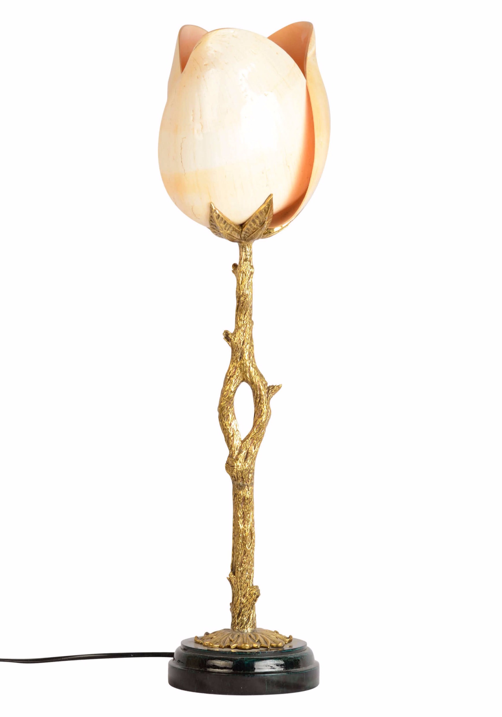 Melo Shell Flower on Casted Brass Tree branch Stand, Crack Green Pen Shell Base